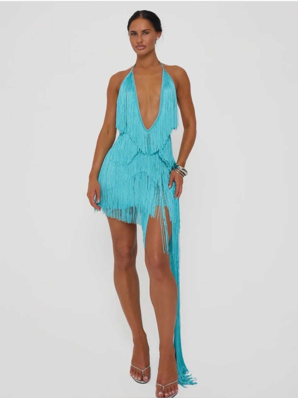 Turquoise Fringe Halter Party Mini Dress